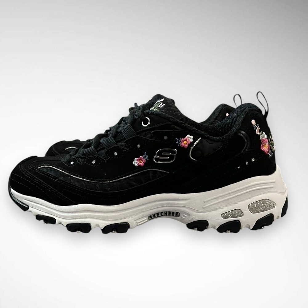 SKECHERS D'Lites Bright Blossoms Black Sneakers Floral‎ Embroidery Leather Upper - Picture 7 of 11